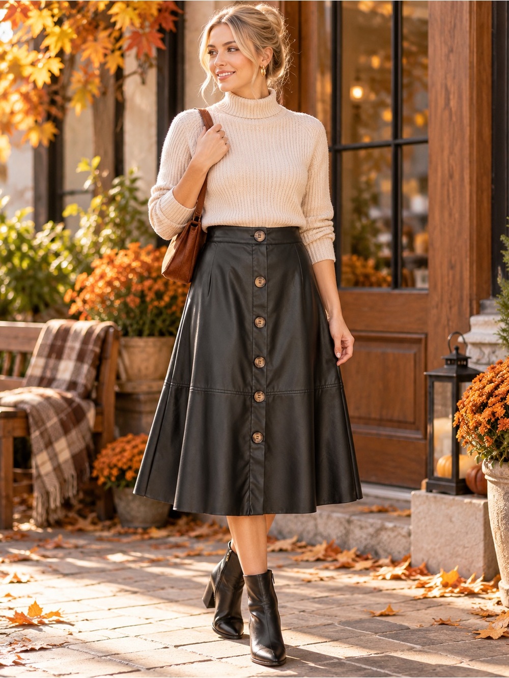 SHEIN Black Faux Leather Button Front Midi A-Line Skirt Size L